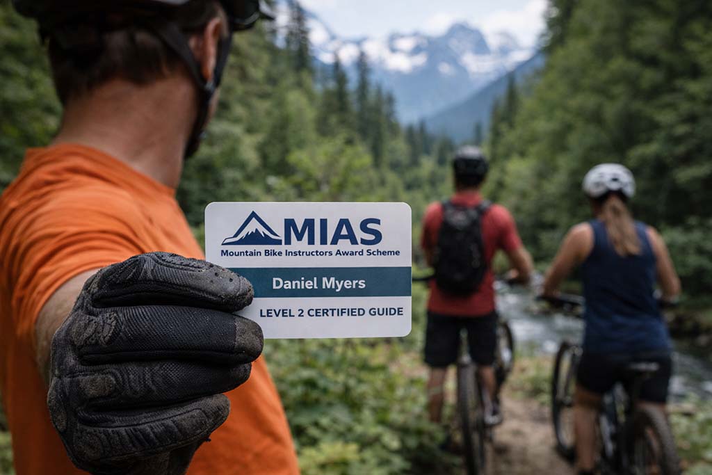 certified-mountain-bike-guide-mias-certification Certified mountain bike guide holding MIAS certification card during a guided trail ride