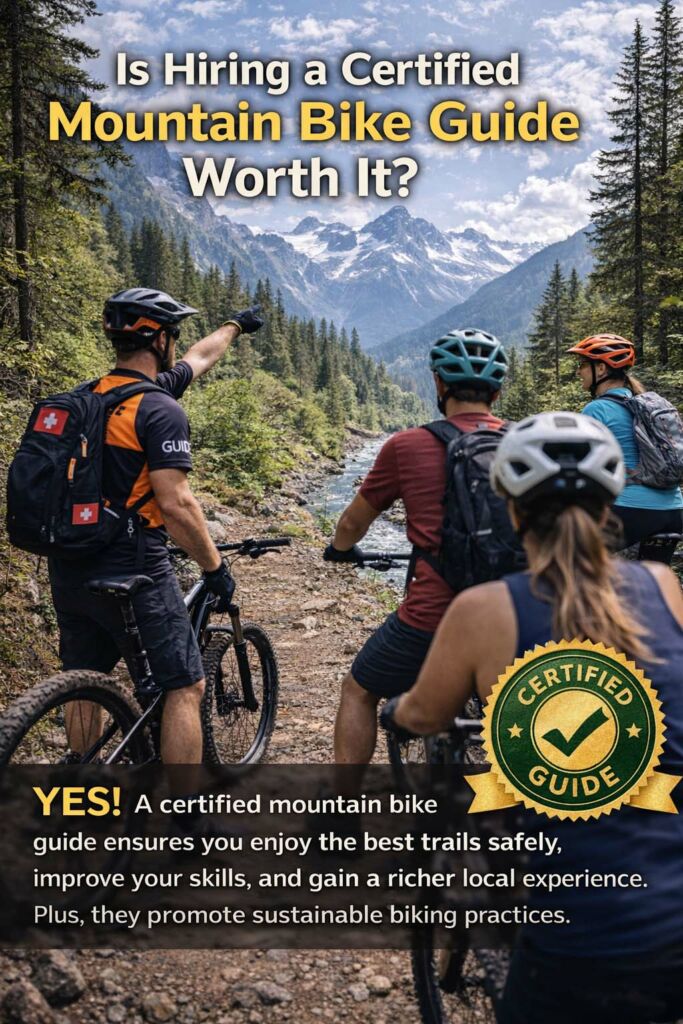 certified-mountain-bike-guide-worth-it-benefits mountain bike guide leading riders on scenic trail highlighting benefits of certified guide