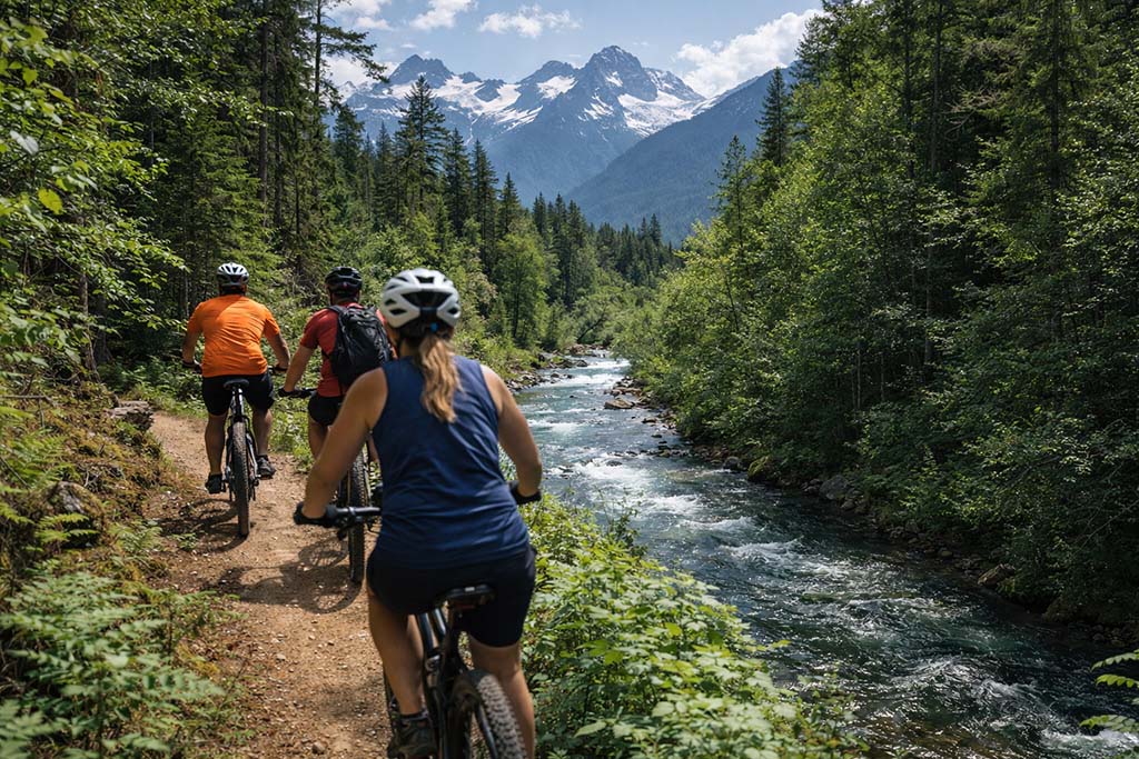 guided-mountain-bike-tour-scenic-trail-alpine-river group of mountain bikers riding scenic trail along river with mountain views