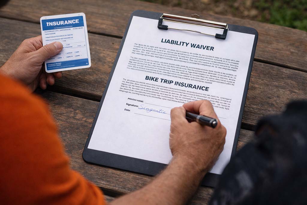 mountain-bike-guide-liability-waiver-insurance-form mountain bike rider signing liability waiver with insurance card for guided tour