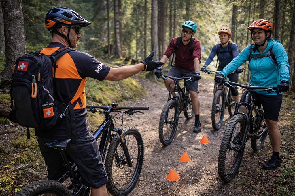 mountain-bike-skills-coaching-guided-training-session mountain bike guide coaching riders on trail skills during training session