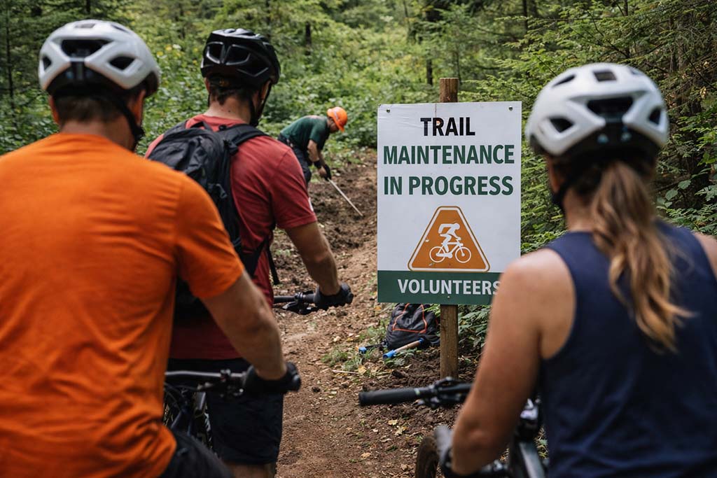 mountain-bike-trail-maintenance-sustainable-riding-volunteers mountain bikers passing trail maintenance sign with volunteers working on forest trail