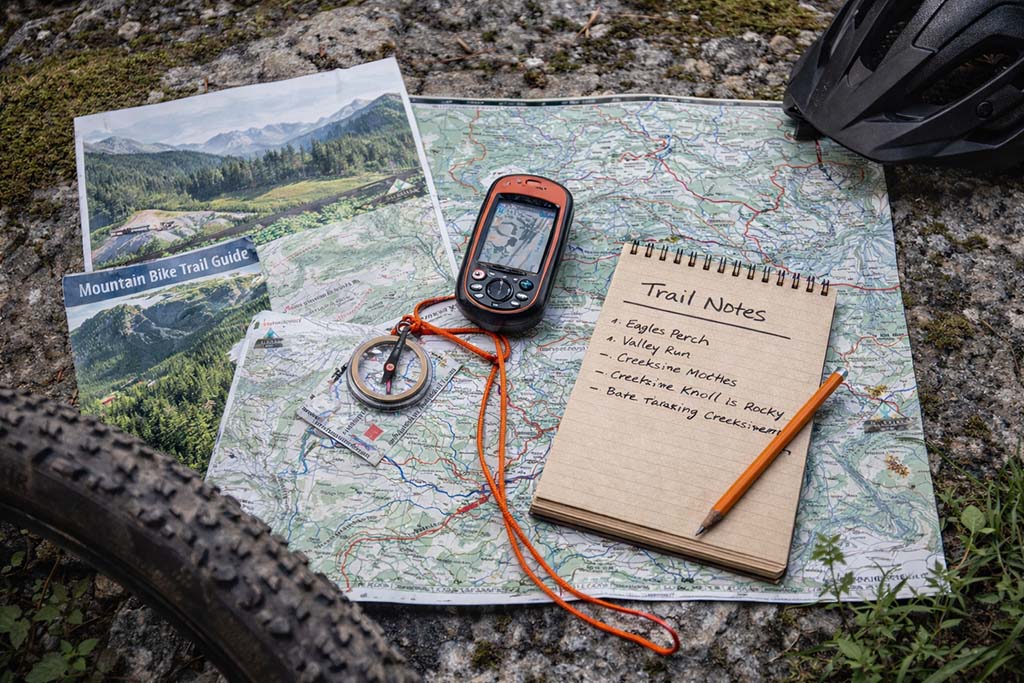 mountain-bike-trail-map-navigation-local-knowledge mountain bike trail map with GPS compass and trail notes on forest ground